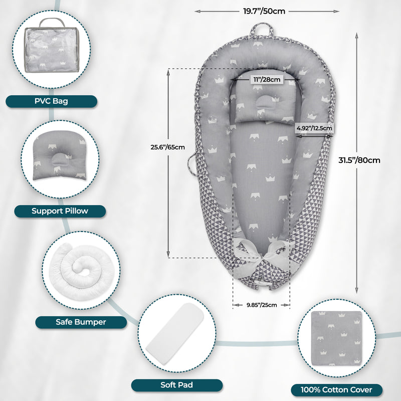 Chic Baby Portable Baby Nest Lounger Sleeper Bed for Newborn to 12mo. 100% Soft Natural Cotton with Pillow 80x50cm. Ideal Bassinet Changing Station