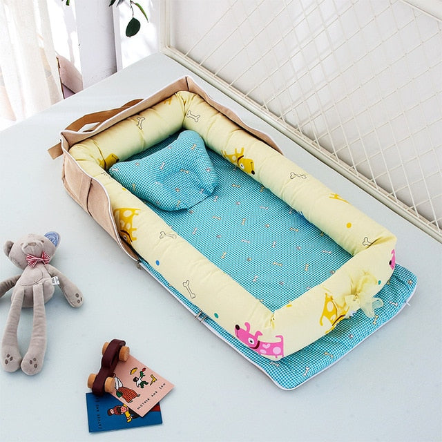 Lit gigogne bébé avec oreiller| Lit de bébé portable et lit de voyage|  Berceau en coton pour nouveau-né et tout-petit| Pare-chocs de berceau de  lit de